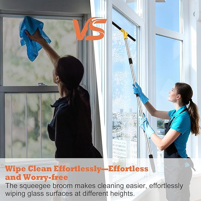 Large Heavy-Duty Floor Squeegee, 18” Rubber Blade Broom & 62” Long Handle Floor Squeegee for Concrete, Bathroom Tile, Garage Concrete, Deck, Shower Glass, Window Cleaning