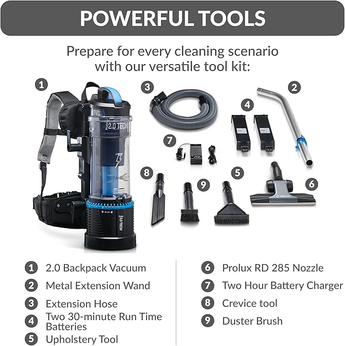 Prolux 2.0 Cordless Battery Bagless Backpack Vacuum Cleaner, Dual HEPA Shield Filtration, Tool Accessory Kit