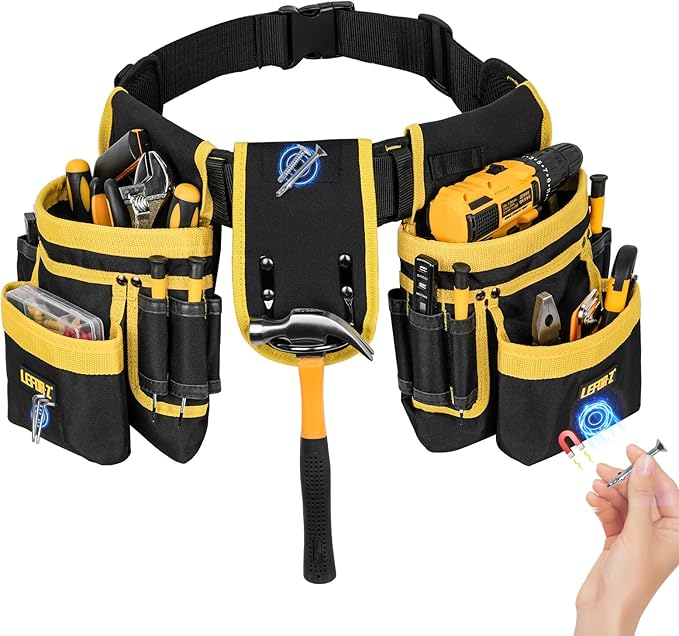 Tool Belt,Magnetic Tool Pouch,27-Pockets Heavy Duty Tool Belts for Men,Detachable Tool Pouch Bag for Electrician,Carpenter,Construction,Utility Belt,Valentines Day Gifts for Men,Black,Yellow