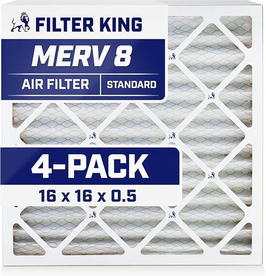Filter King 16x16x0.5 Air Filter | 4-PACK | MERV 8 HVAC Pleated A/C Furnace Filters | MADE IN USA | Actual Size: 15.5 x 15.5 x 0.5"