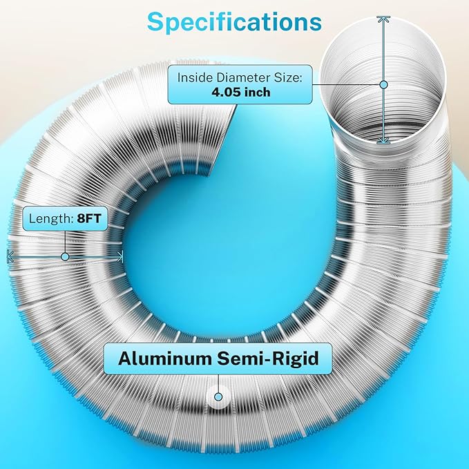 4 Inch 8FT Semi Rigid Dryer Vent, Flexible Aluminum Dryer Vent Hose with Clamps, 3.9 Mil Aluminum Foil Tape for HVAC Ventilation, Duct Fan Systems