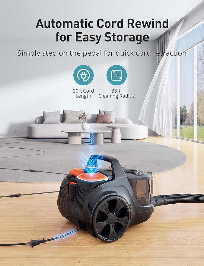 Aspiron Canister Vacuum, Upgraded 1600W Bagless Canister Vacuum Cleaner, Auto Cord Rewind, H13 HEPA Filter, 4Qt Large Capacity, 5 Tools for Hard Floors, Carpet, Pet, Upholstery, Tiles, Coral