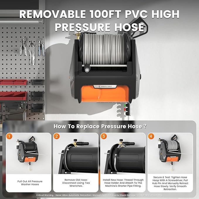 Giraffe Tools Grandfalls Retractable Pressure Washer Pro, Wall Mounted Pressure Washer with 1800W Brushless Motor, 3700PSI Electric Power Washer with 100ft Pressure Hoses, Dark Silver