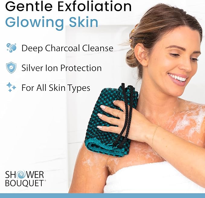 Japanese Exfoliating Washcloth for Back & Body - Charcoal & Silver Ion Exfoliating Towel - Two-Sided Gentle Exfoliation