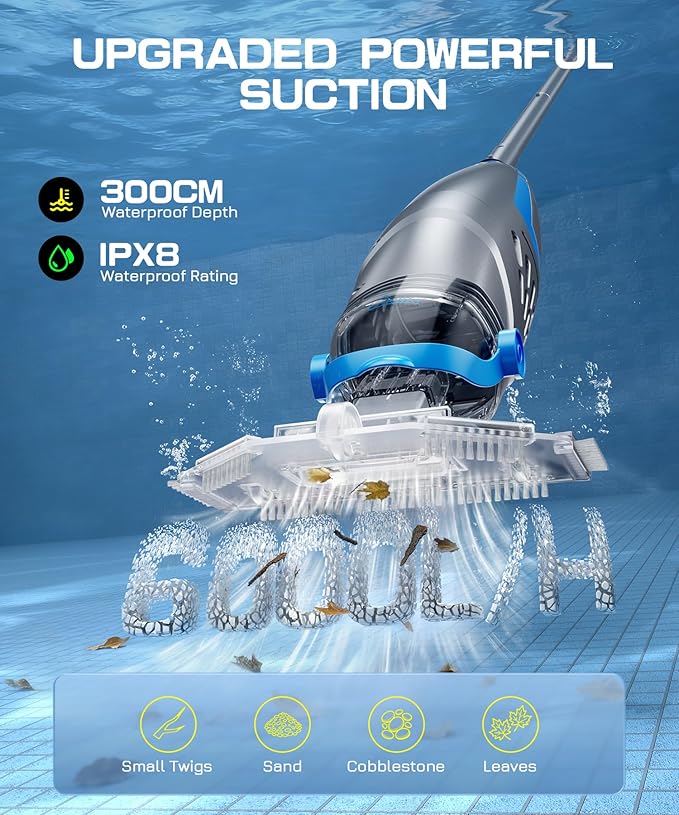 UIRWAY Cordless Pool Vacuum for Above Ground Pools, Upgraded 26.5 GPM Powerful Suction, IPX8 Handheld Rechargeable Pool Cleaner 2 Vacuum Heads & 4 Filter Bags, 1H Runtime, Portable for Inground Pools
