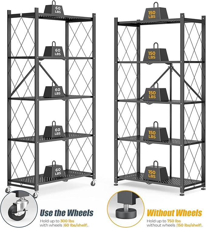 5-Tier Folding Metal Storage Shelf with Wheels, Heavy Duty Organizer Rack Holds 750 lbs, No Assembly Utility Shelving for Kitchen, Garage, Pantry, Living Room, Office (New Upgrade - Black, 5 Tier)