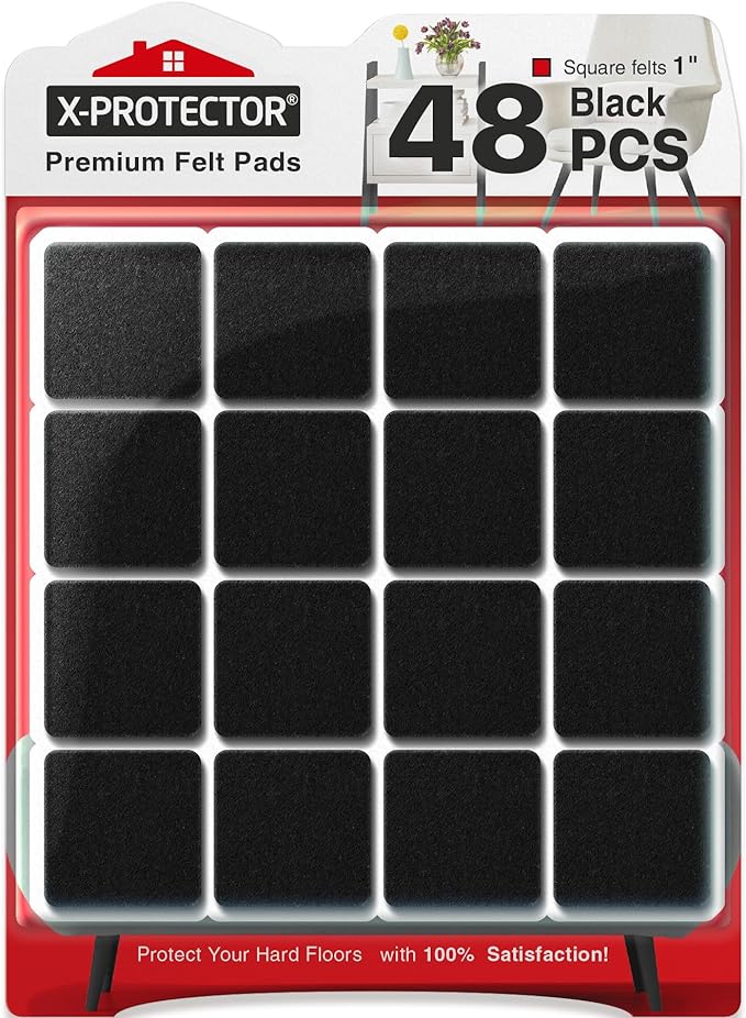 X-PROTECTOR Felt Furniture Pads - 48 PCS 1" - Felt Pads Floor Protectors - Chair Felt Pads - Felt Pads for Furniture Feet - Furniture Pads for Hardwood Floors - Protect Your Floors! (Black, Square)