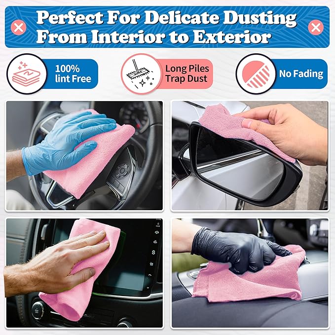 FIXSMITH Microfiber Cleaning Cloth, Shop Towels Bulk, 24 Pack Pink Microfiber Towels for Cars, All-Purpose Absorbent Cleaning Rags, Dust Cloth for Automotive, Mechanic, Garage, Bar, 12 x 11 inch