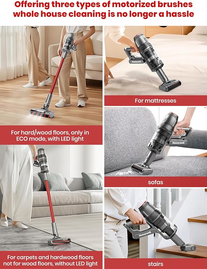 Honeywell Smart Cordless Vacuum Cleaner w/Automatic Adjustment, 10-in-1 Lightweight Stick with 3000mAh Battery 70Mins Runtime, Rechargeable Vacuum for Pet Hair/Carpet/All Floor, VC14, Graphite/Red