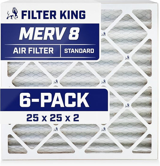 Filter King 25x25x2 Air Filter | 6-PACK | MERV 8 HVAC Pleated A/C Furnace Filters | MADE IN USA | Actual Size: 24.5 x 24.5 x 1.75"