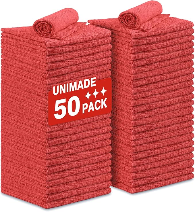 Shop Towels Rags, 50 Pack Reusable Shop Rags Bulk Microfiber Cleaning Cloth Lint Free Cleaning Towels for Car Kitchen Automotive Bar Mechanic Restaurant Garage, 11.5"x 11.5", Red