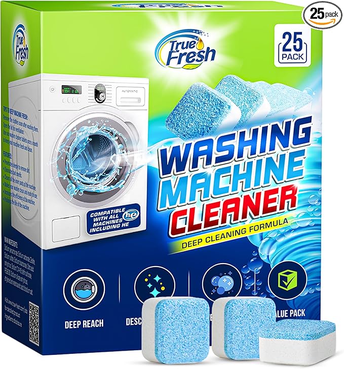 True Fresh Washing Machine Cleaner Tablets 25 Pack for Front Load, Top Loader & HE Washers, Eliminates Odor, Limescale & Grime, Deep Cleans Inside Drum Pump, Valve & Hoses – Septic Safe, 1-Year Supply