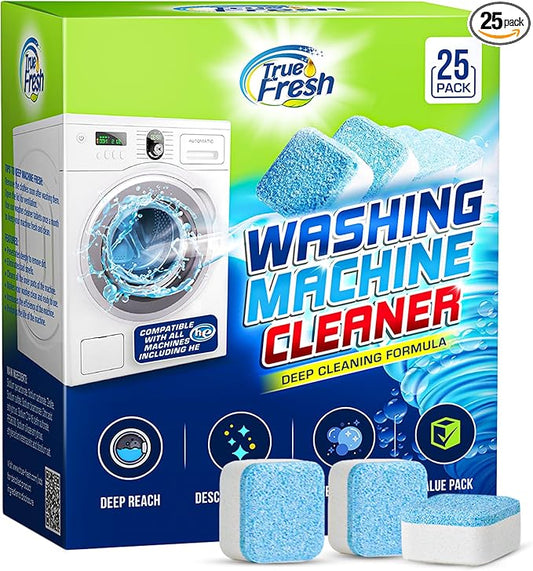 True Fresh Washing Machine Cleaner Tablets 25 Pack for Front Load, Top Loader & HE Washers, Eliminates Odor, Limescale & Grime, Deep Cleans Inside Drum Pump, Valve & Hoses – Septic Safe, 1-Year Supply