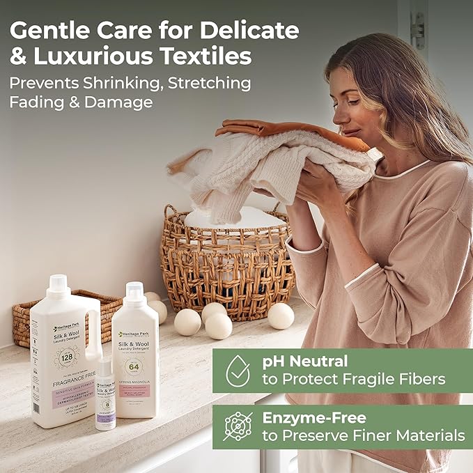 Heritage Park Silk & Wool Fragrance Free, Hypoallergenic, pH-Neutral Laundry Detergent – Dermatologist-tested, Sensitive Skin-Friendly, Enzyme-Free, Concentrated Up to 64 loads (32 fl oz)