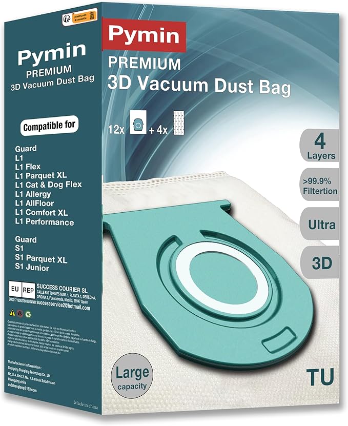 Pymin 12 Pack TU Vacuum Hoover Bags with 4 Exhaust Filters Compatible with Miele Pure TU Dust Bag for Guard L1/ S1 Junior/Silence/Allergy/Parquet XL/Flex/AllFloor/Cat/Dog/Comfort Series