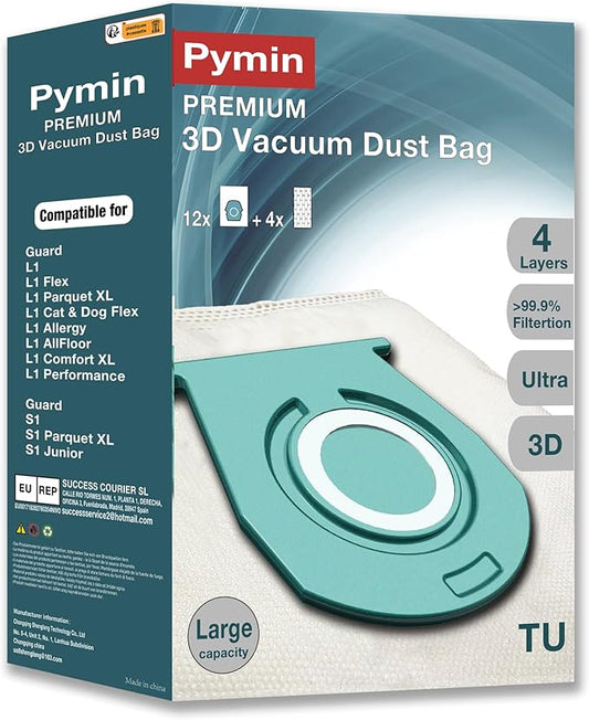 Pymin 12 Pack TU Vacuum Hoover Bags with 4 Exhaust Filters Compatible with Miele Pure TU Dust Bag for Guard L1/ S1 Junior/Silence/Allergy/Parquet XL/Flex/AllFloor/Cat/Dog/Comfort Series