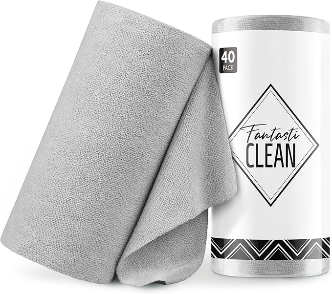 Fantasticlean Microfiber Cleaning Cloth Roll -40 Pack, Tear Away Microfiber Towels, 12" x 12", Reusable, Washable, Scratch Free, Ultra Absorbent Dishcloth for for All-Around Cleaning Supplies (Grey)
