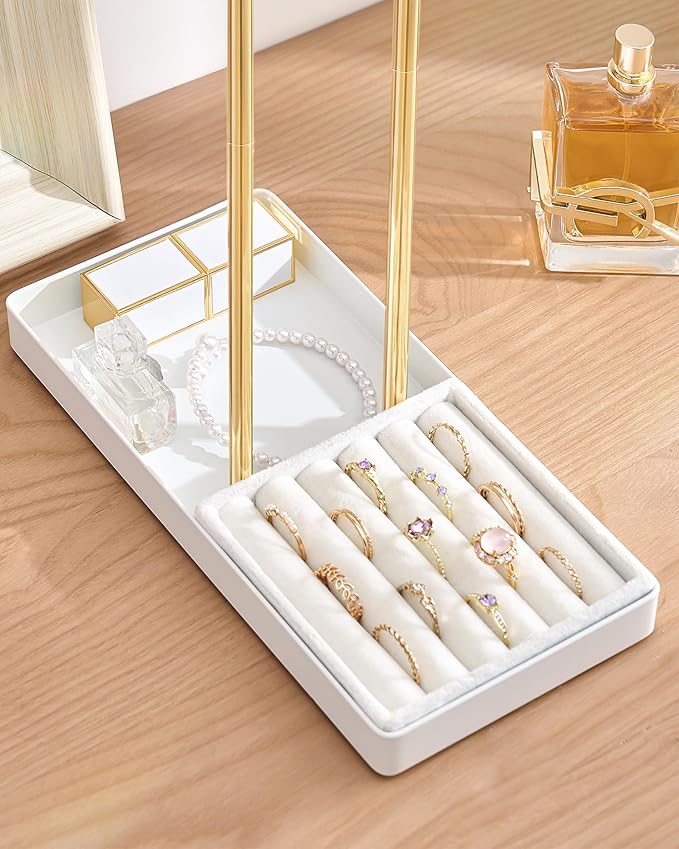 Lolalet 2-Tier Necklace Holder Display, Velvet Wrapped Bracelet Stand with Removable Ring Tray, Tall Jewelry Organizer for Bangles Watches Earrings, Galentines Valentines Gifts for Girls Women -White