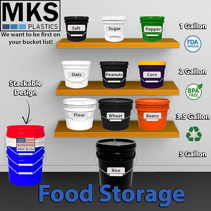 2-Gallon Bucket with Airtight Lid – Heavy-Duty Extra Durable Pail – Made in USA – Premium Quality HDPE – Food Grade – BPA Free – Metal Handle with Plastic Grip – Stackable – Multi-Use – Black, 6 Pack