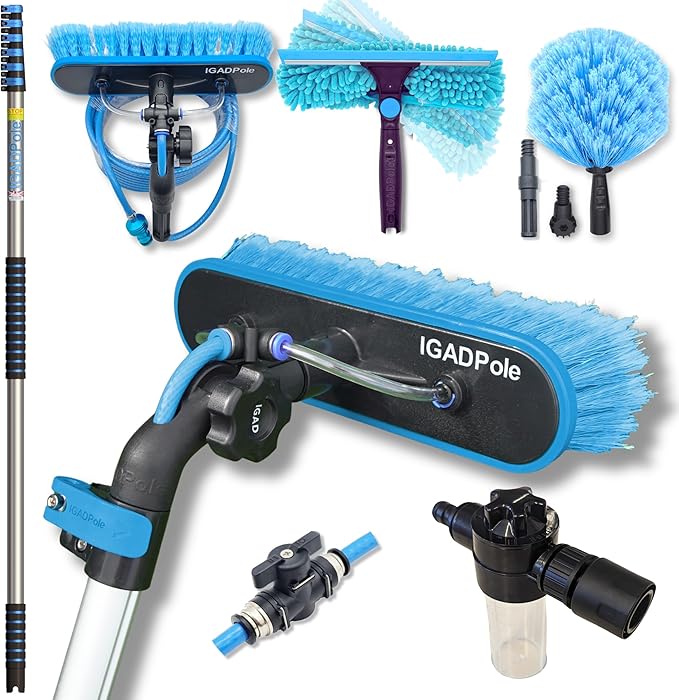 IGADPole 24 FT Water-Fed Washing Kit with Soap-Dispenser, Brush, 10″ Squeegee & Cobweb Duster for Windows, Gutters, Solar Panels & Exterior Walls