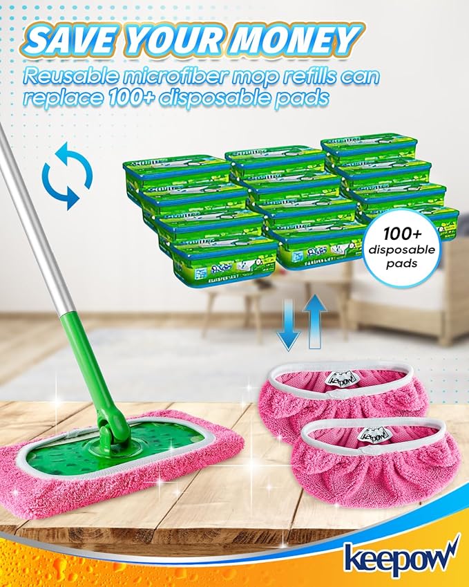 Keepow 8 Pack Reusable Mop Pads Compatible with Swiffer Sweeper, Coral Fleece Washable Swiffer Mop Pads, Dry & Wet Sweeping Mopping Cloths (Pink, Not Included Mop)