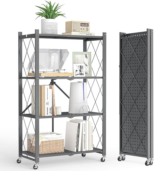 4-Tier Folding Metal Storage Shelf with Wheels, No Assembly Organizer Rack, Heavy Duty Collapsible Shelving Unit for Garage, Kitchen, Basement, Pantry, Living Room(New Upgrade - Gray, 4 Tier)