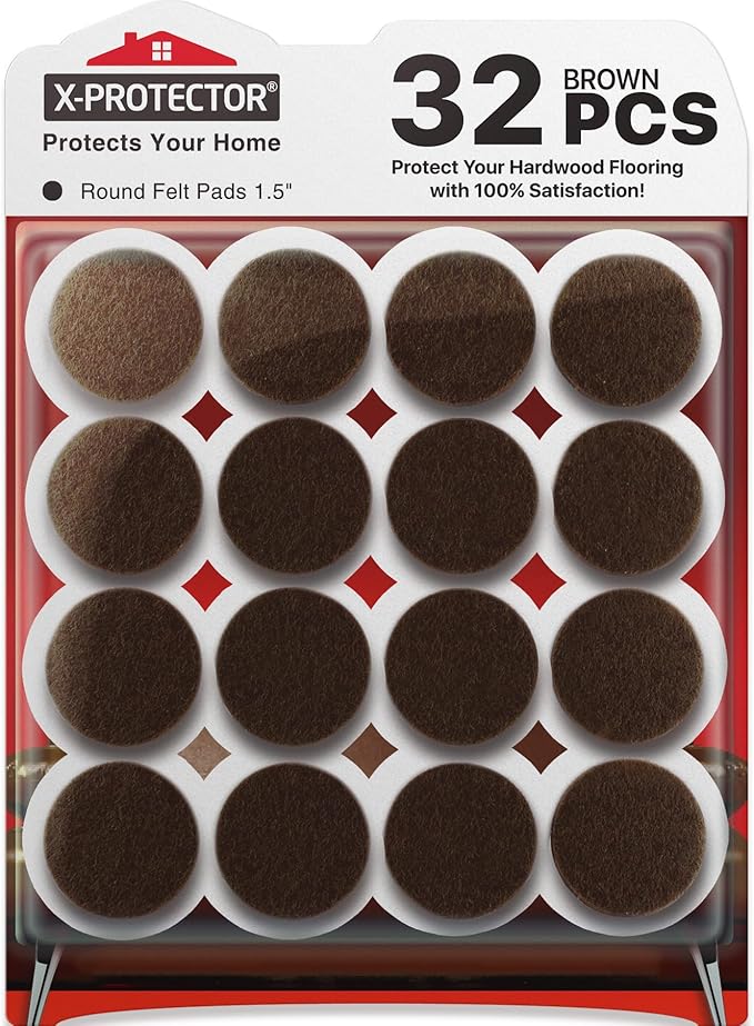 X-PROTECTOR Felt Furniture Pads - 32 PCS 1 1/2" Floor Protectors for Chair and Furniture Feet - Protect Your Hardwood Floors! (Brown, Round)
