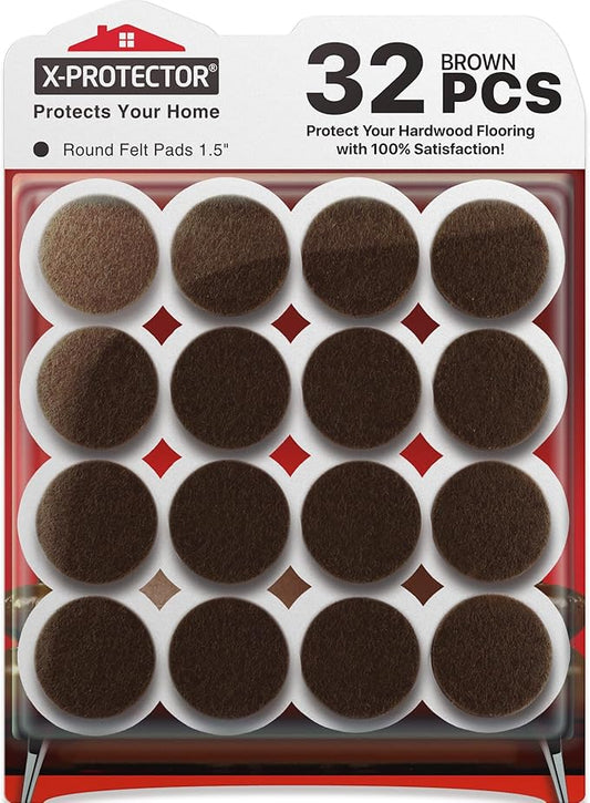 X-PROTECTOR Felt Furniture Pads - 32 PCS 1 1/2" Floor Protectors for Chair and Furniture Feet - Protect Your Hardwood Floors! (Brown, Round)