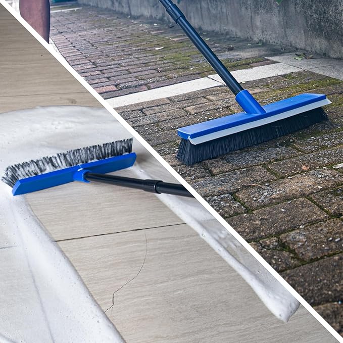 16 Inch 2-in-1 Squeegee Push Broom Outdoor Deck Brush 58" Long Handle for Patio Garage Warehouse Driveway Concrete Floor Cleaning Scrubbing(Blue)