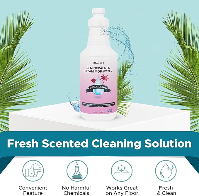 Steam & Go Deminerilized Water - Multi-Surface Cleaner for Steam Cleaners, Hardwood Floors, Kitchens, & Bathrooms - Germ-Killing Formula - Hotel California Scent - 32 Ounces (Pack of 6)