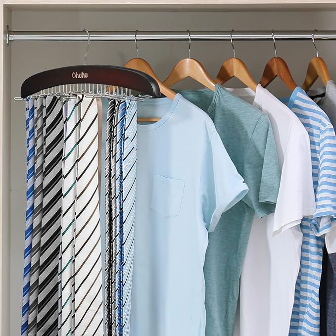 Tie Rack Hanger for Closet: Ohuhu 24 Folding Hooks Tie Hangers for Men Wooden Tie Holder Organizer Space Saving Necktie Storage 360 Degree Rotating Ties Belts Scarves Tank Tops Accessories-Walnut