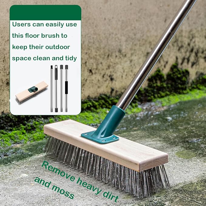 Stainless Steel Wire Brush with Long Handle Deck Broom Brush Floor Scrubber Brush for Cleaning Outdoor Broom for Moss, Tough Stains on Concrete, Grout, Garden, Garage, Patio, Swimming Pool