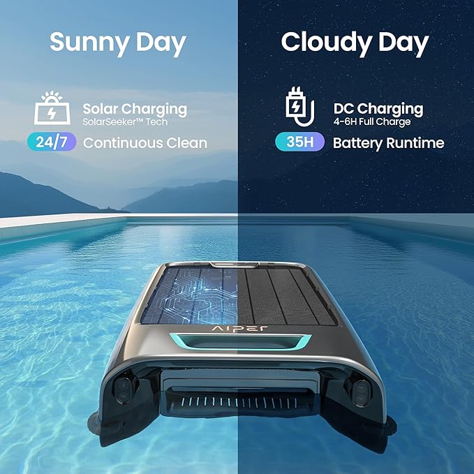 AIPER Surfer S2 Solar Powered Pool Surface Skimmer Robot with APP Support, 24/7 Continuous Cleaning, Dual Charging Modes, Smart Obstacle Avoidance, 150-um Filtration, OTA Upgrade