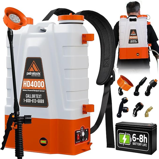 PetraTools Battery Powered Backpack Sprayer 4 Gallon - 6 Hours Long Battery Life & Padded Straps for Comfort - HD4000 Electric Backpack Garden Sprayer with 6 Spray Nozzles & 90PSI Adjustable Pressure