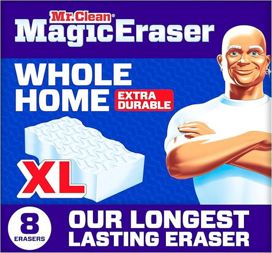 Mr. Clean Magic Eraser Sponge, All Purpose Cleaner, Long Lasting Cleaning Scrubber, Wall, Sneaker, Oven, Kitchen, Bathroom, Shower Cleaner, Cleaning Supplies, Whole Home Extra Durable XL, 8ct