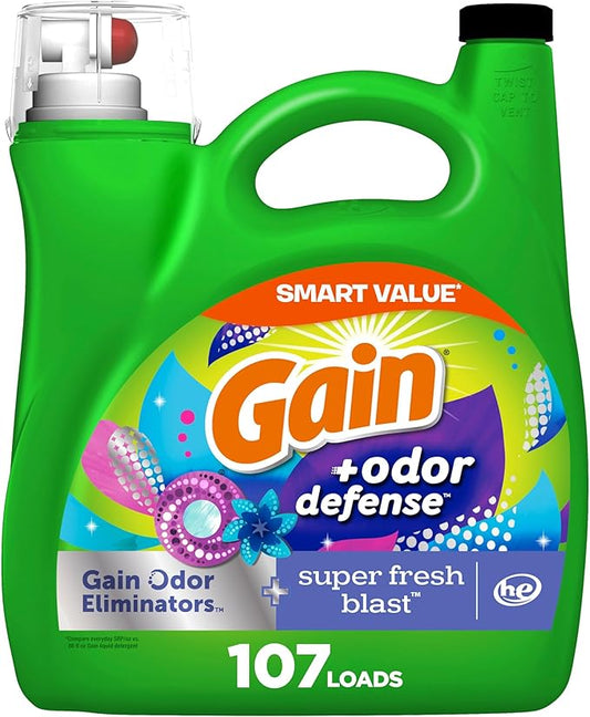 Gain + Odor Defense Liquid Laundry Detergent, Super Fresh Blast Scent, 107 Loads, HE Compatible Washing Soap