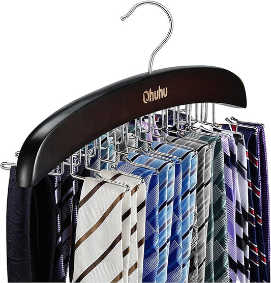Tie Rack Hanger for Closet: Ohuhu 24 Folding Hooks Tie Hangers for Men Wooden Tie Holder Organizer Space Saving Necktie Storage 360 Degree Rotating Ties Belts Scarves Tank Tops Accessories-Walnut