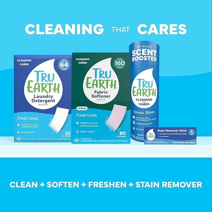 Tru Earth Compact Dry Laundry Detergent - Up to 128 Loads (64 Sheets) - Paraben-Free - Original Eco-Strip Liquidless Detergent, Travel - Fresh Linen | Packaging May Vary