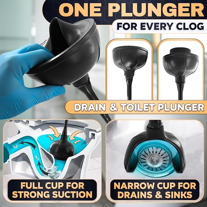 2-in-1 Black Toilet Brush and Plunger Set with Holder – Compact Bathroom Cleaning Combo, Strong Rubber Plunger & Stiff Bristle Brush, Space-Saving Stand, Fits Most Standard Toilets, 9.3×6.3×15.2 inch