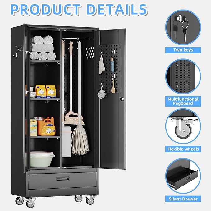 SUXXAN Broom Closet with Wheels 71"x 31.5"x15.75", Metal Cleaning Cabinets with Drawer Hooks and Hanging Rods, Lockable Cabinet with Pegboard, Adjustable Shelf,for Garage, Laundry Room