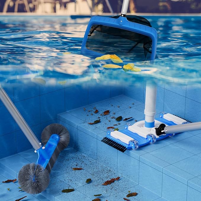 3-in-1 Pool Cleaning Kit Full Set - 18in Rounded End Pool Brush & Ergonomic Pool Vacuum Head with Wheels& Pool Nylon Net Fine Mesh for Above Ground In-ground Pools, Spas, Hot Tubs