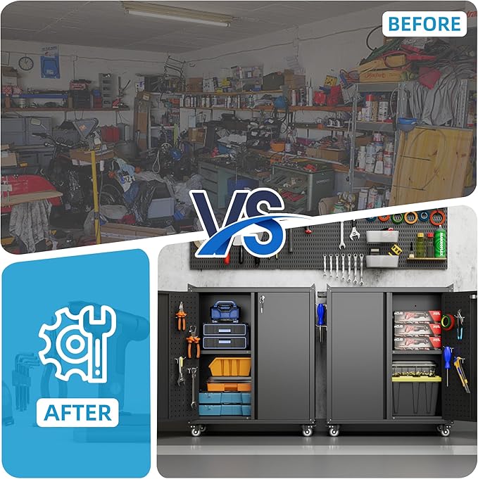 SUXXAN Metal Storage Cabinet with Wheels, Rolling Storage Cabinet with 2 Doors and Adjustable Shelves, Pegboard and 4 Hooks, Suitable for Garage, Home, Office, School, Black