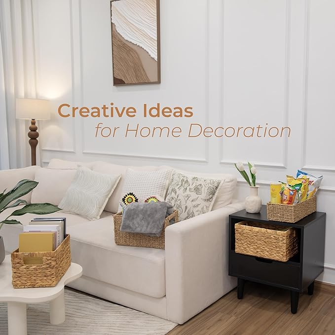 2-Pack Handwoven Water Hyacinth Storage Baskets, Wicker Bins for Pantry Organization, Shelf or Closet Organizer, Decorative Boho Rectangular Basket 15.7" x 6.7"