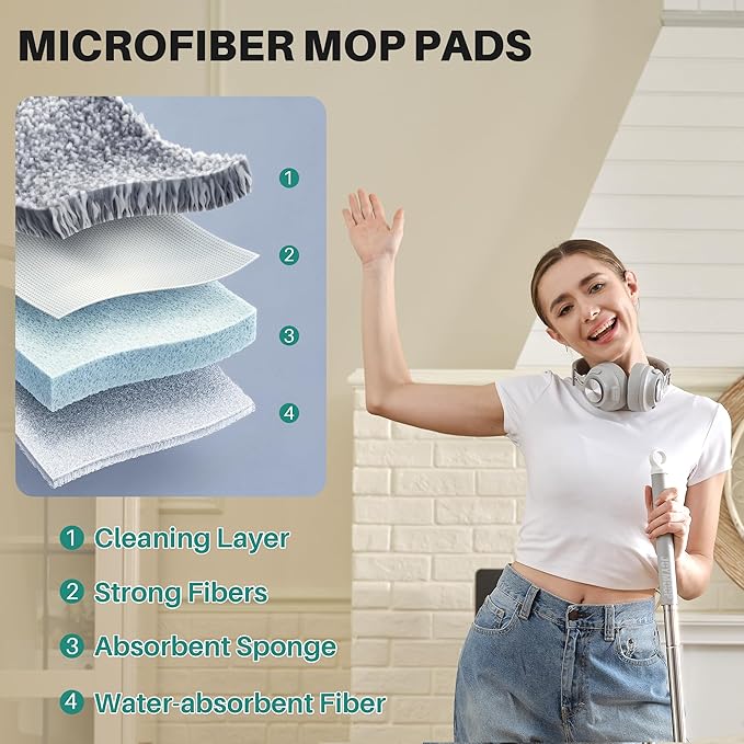 JOYMOOP Microfiber Flat Mop and Bucket System, Mops for Floor Cleaning and Wall Cleaner, Hardwood, Tile, Laminate, Vinyl Floors, Smooth Walls, and Glass Windows - 50" Flat Mop+1 Microfiber Pad[White]