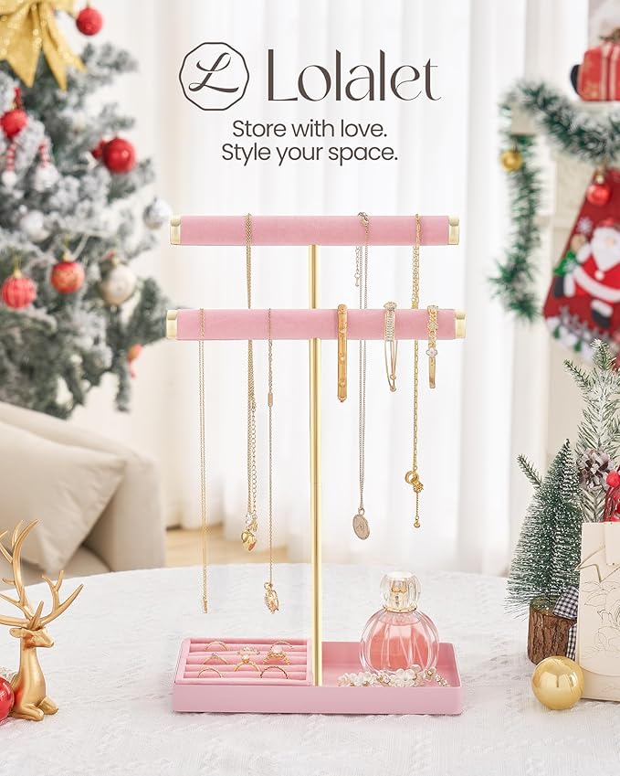 Lolalet 2-Tier Necklace Holder Display, Velvet Wrapped Bracelet Stand with Removable Ring Tray, Tall Jewelry Organizer for Bangles Watches Earrings, Galentines Valentines Gifts for Girls Women -Pink