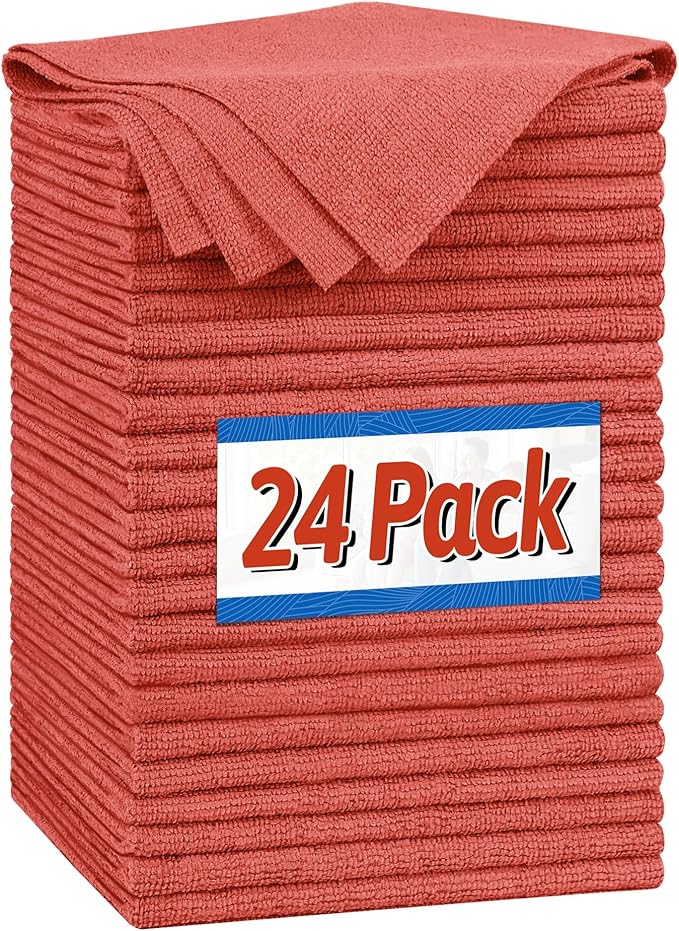 FIXSMITH Microfiber Cleaning Cloth, Shop Towels Bulk, 24 Pack Red Microfiber Towels for Cars, All-Purpose Absorbent Cleaning Rags, Dust Cloth for Automotive, Mechanic, Garage, Bar, 12 x 11 inch