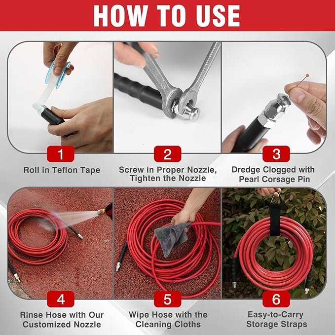 Sewer Jetter Kit 200FT for Pressure Washer, 5800 PSI Drain Cleaner Hose 1/4 Inch NPT with Spray Nozzle, Button Nose and Rotating Sewer Jetting Nozzle, Spanner Teflon Tape Pearl Corsage Pin