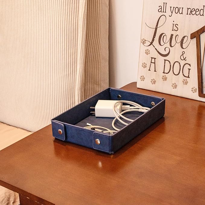 BONNY DODO Valet Tray for Men PU Leather Tray Organizer with Partition, Storage Keys, Watch & Practical Storage for Table Nightstand Living Room Bedroom (Blue)