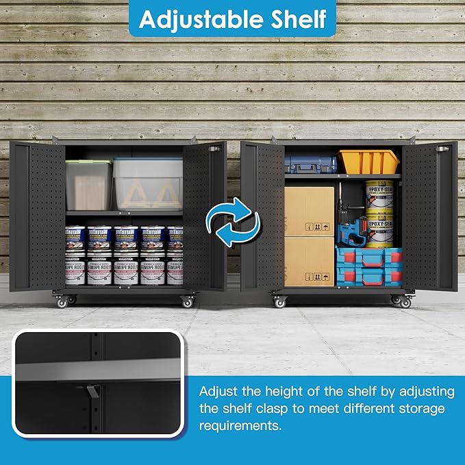 SUXXAN Metal Storage Cabinet with Wheels, Rolling Storage Cabinet with 2 Doors and Adjustable Shelves, Pegboard and 4 Hooks, Suitable for Garage, Home, Office, School, Black