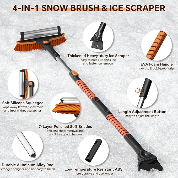 4-In-1 Snow Brush and Ice Scrapers for Car Windshield 55'' Extendable Snow Shovel Snow Broom Kit with Squeegee, Foam Grip 180°Pivoting Thicken Brush Head Portable Snow Scraper for Car, Trucks, SUV